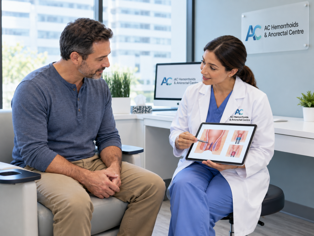 Hemorrhoid treatment consultation at AC Hemorrhoids & Anorectal Centre in Calgary